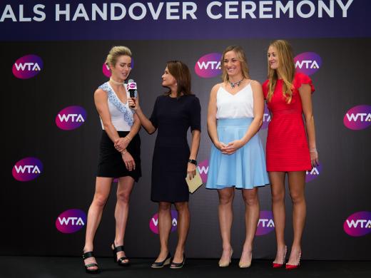 Champions Elina Svitolina, Timea Babos, and Kristina Mladenovic are interviewed at the Handover Ceremony (Jimmie48/WTA)