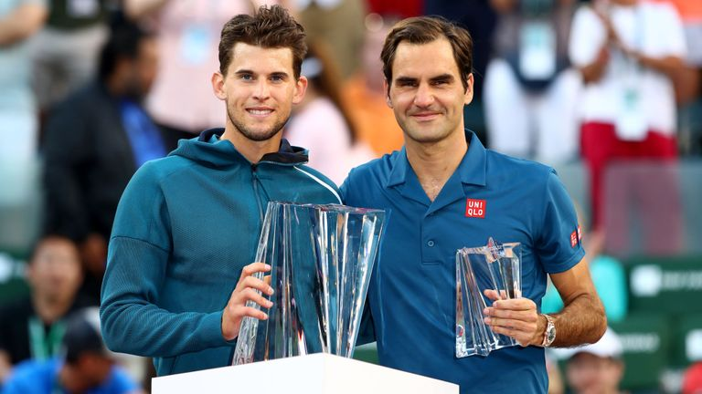 Dominic Thiem and Roger Federer at the 2019 BNP Paribas Open