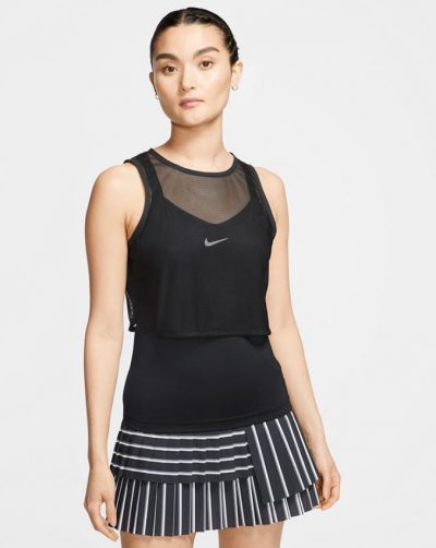 Model in Nike Womens Elevated Essentials Layer Tank Black with Paris Slam Skort